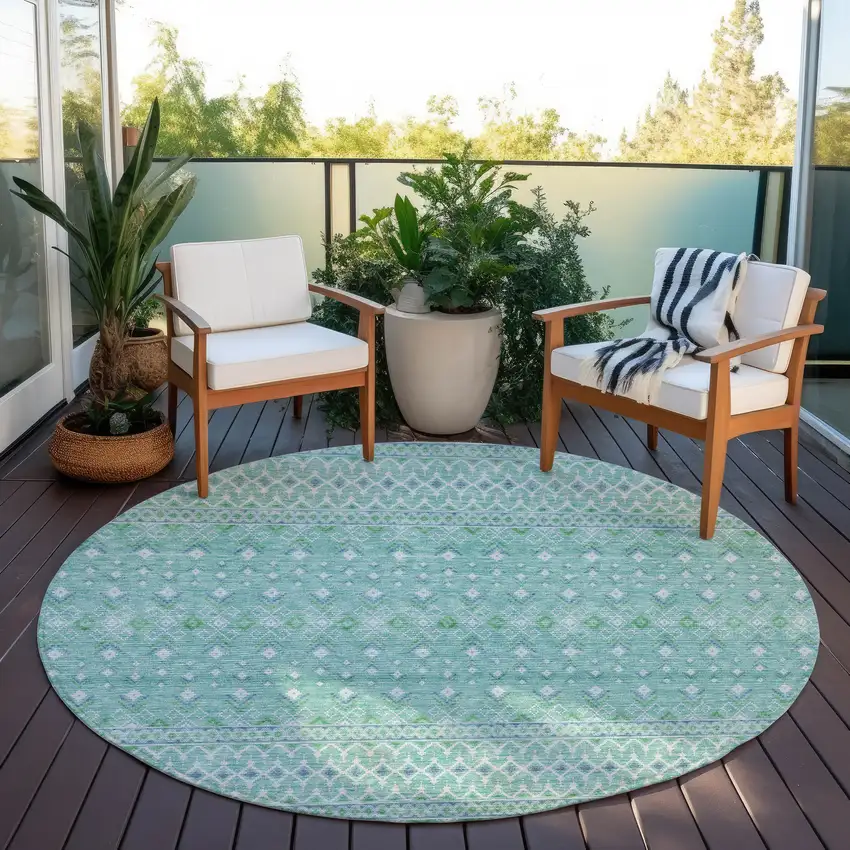 8' Aqua Teal Blue And Ivory Round Tribal Washable Indoor Outdoor Area Rug Photo 5