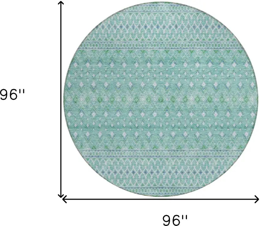 8' Aqua Teal Blue And Ivory Round Tribal Washable Indoor Outdoor Area Rug Photo 7