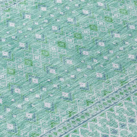 8' Aqua Teal Blue And Ivory Round Tribal Washable Indoor Outdoor Area Rug Photo 8