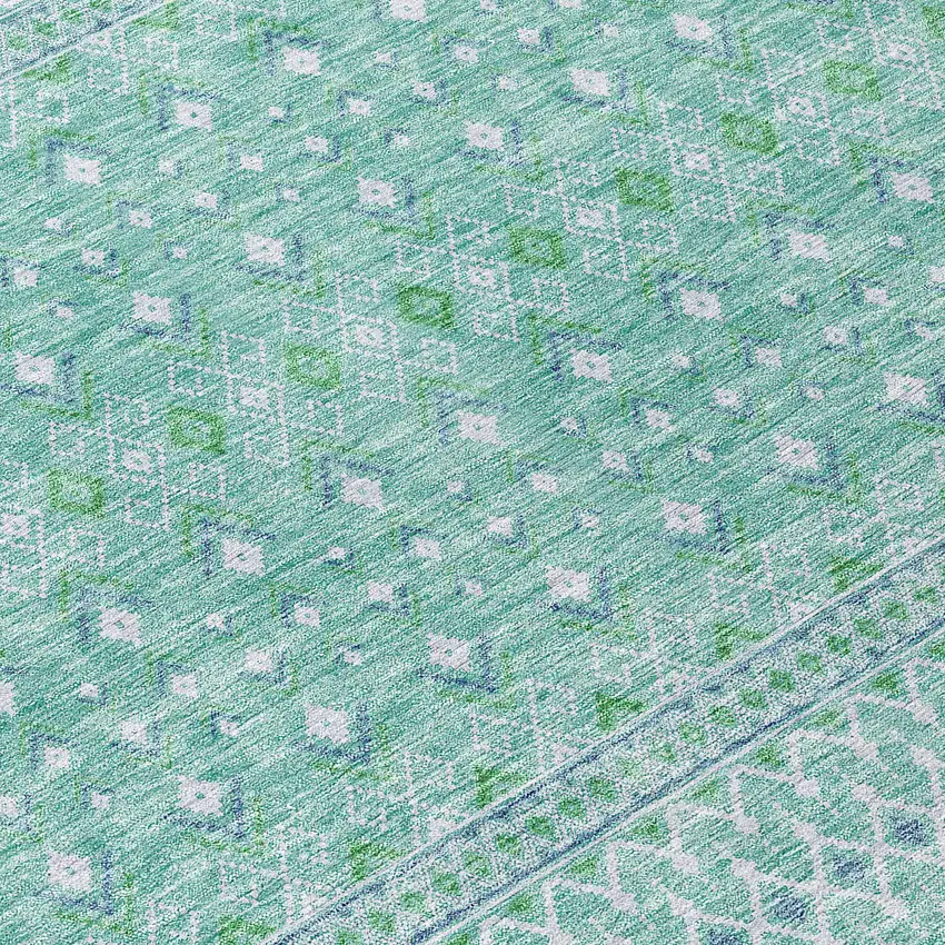 8' Aqua Teal Blue And Ivory Round Tribal Washable Indoor Outdoor Area Rug Photo 8