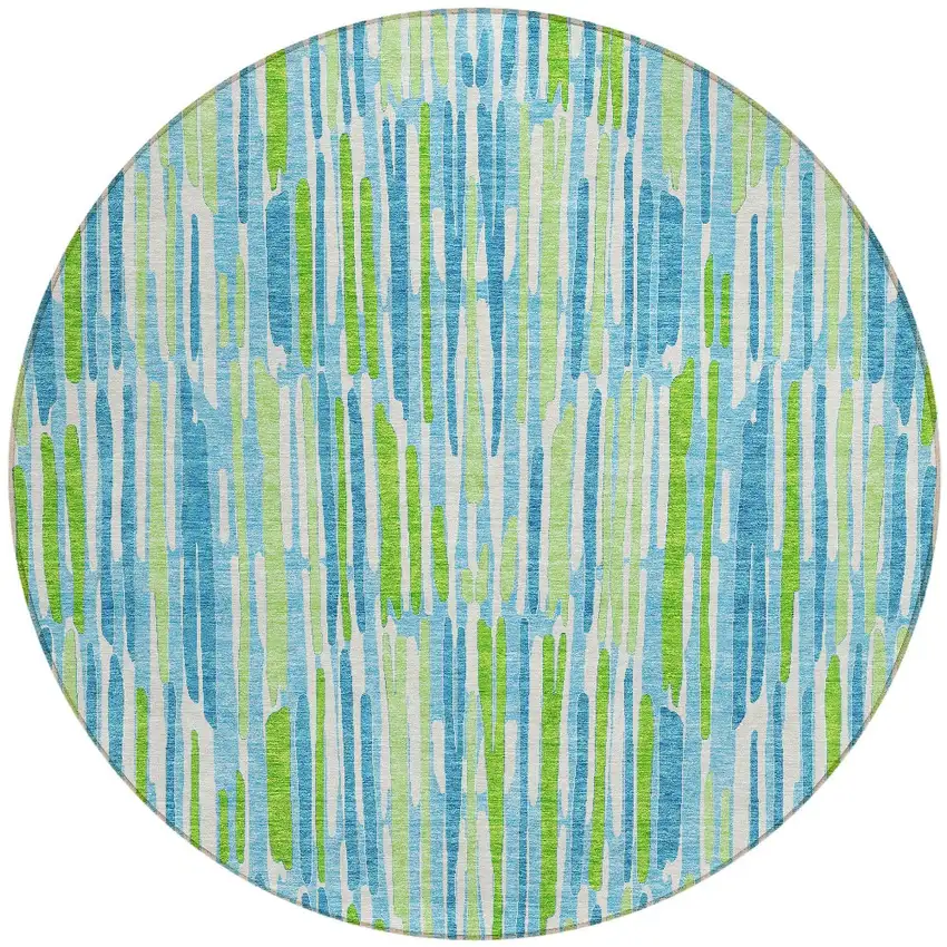 8' Aqua Teal Blue And Lime Green Round Abstract Washable Indoor Outdoor Area Rug Photo 5