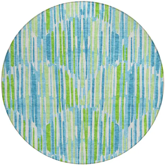 8' Aqua Teal Blue And Lime Green Round Abstract Washable Indoor Outdoor Area Rug Photo 2
