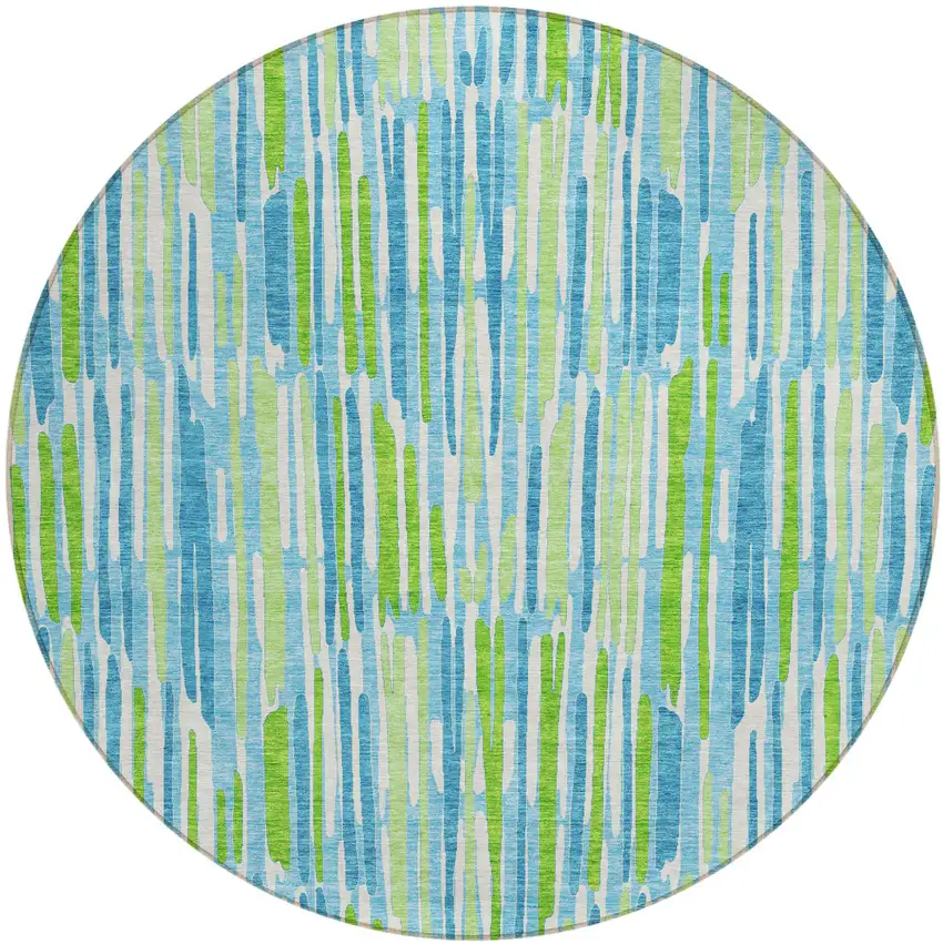 8' Aqua Teal Blue And Lime Green Round Abstract Washable Indoor Outdoor Area Rug Photo 2