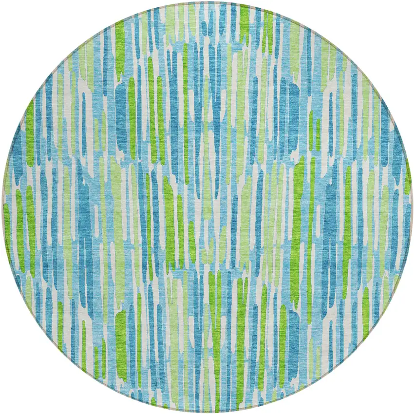 8' Aqua Teal Blue And Lime Green Round Abstract Washable Indoor Outdoor Area Rug Photo 2