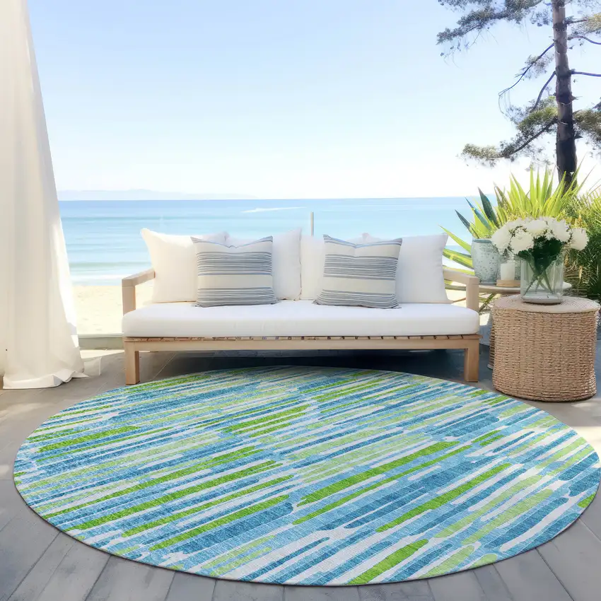 8' Aqua Teal Blue And Lime Green Round Abstract Washable Indoor Outdoor Area Rug Photo 7