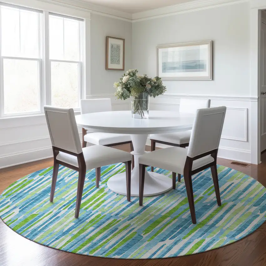 8' Aqua Teal Blue And Lime Green Round Abstract Washable Indoor Outdoor Area Rug Photo 8