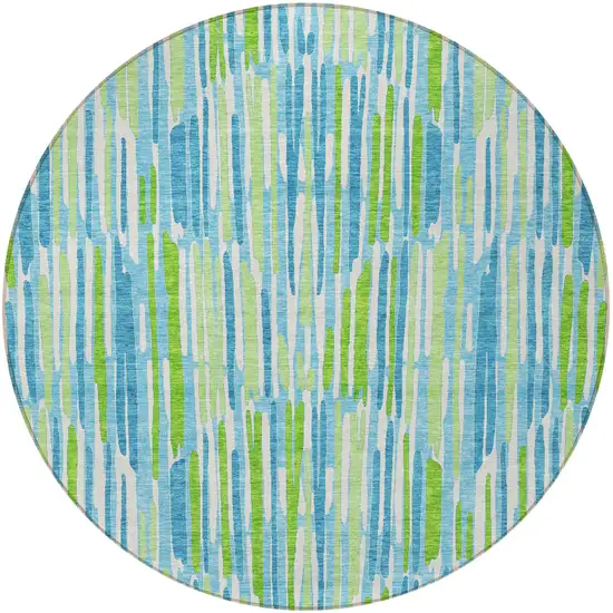 8' Aqua Teal Blue And Lime Green Round Abstract Washable Indoor Outdoor Area Rug Photo 6