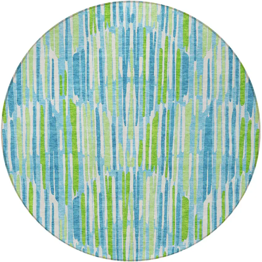 8' Aqua Teal Blue And Lime Green Round Abstract Washable Indoor Outdoor Area Rug Photo 6