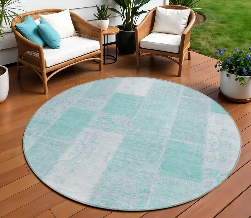 8' Aqua Teal Blue And Silver Round Patchwork Washable Indoor Outdoor Area Rug Photo 1