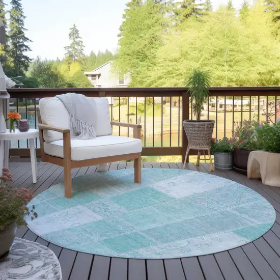 8' Aqua Teal Blue And Silver Round Patchwork Washable Indoor Outdoor Area Rug Photo 6