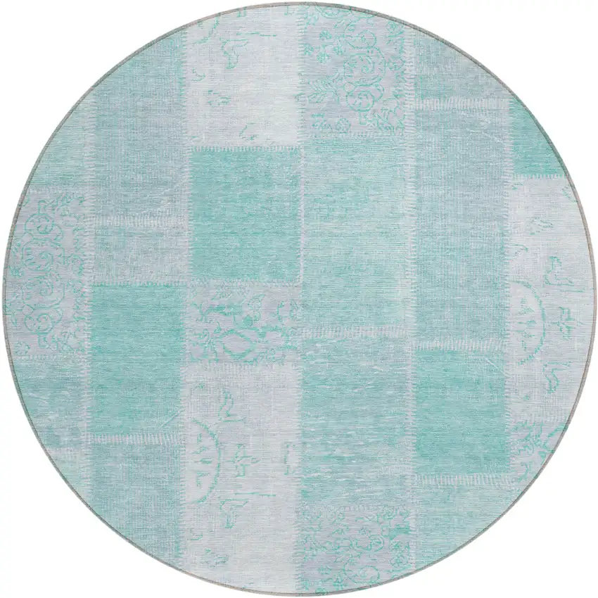 8' Aqua Teal Blue And Silver Round Patchwork Washable Indoor Outdoor Area Rug Photo 1