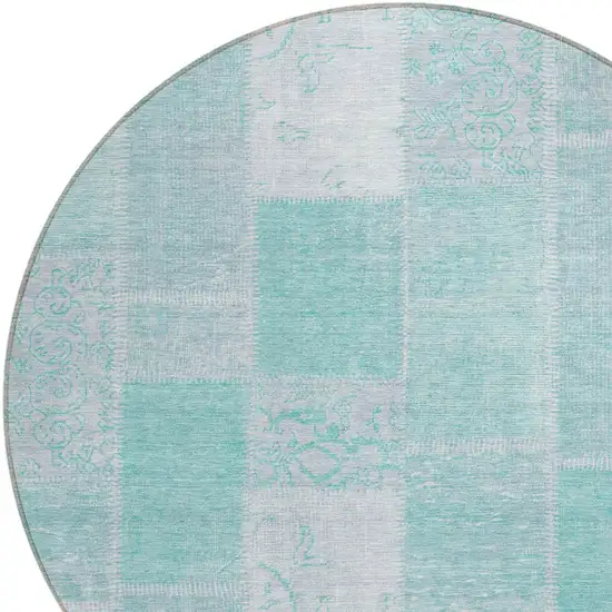 8' Aqua Teal Blue And Silver Round Patchwork Washable Indoor Outdoor Area Rug Photo 4