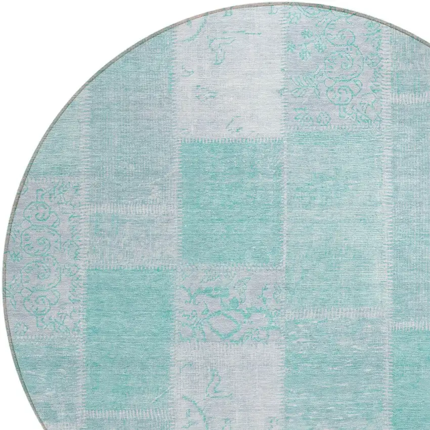 8' Aqua Teal Blue And Silver Round Patchwork Washable Indoor Outdoor Area Rug Photo 4