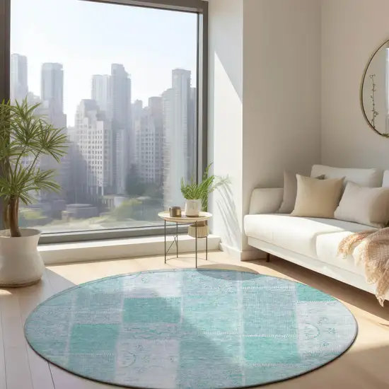 8' Aqua Teal Blue And Silver Round Patchwork Washable Indoor Outdoor Area Rug Photo 7