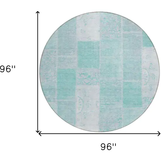 8' Aqua Teal Blue And Silver Round Patchwork Washable Indoor Outdoor Area Rug Photo 8