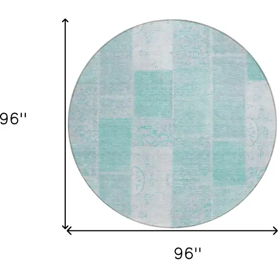 8' Aqua Teal Blue And Silver Round Patchwork Washable Indoor Outdoor Area Rug Photo 8