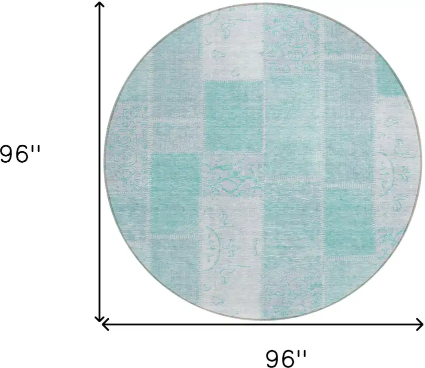 8' Aqua Teal Blue And Silver Round Patchwork Washable Indoor Outdoor Area Rug Photo 8