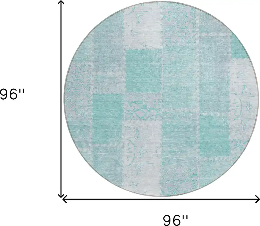 8' Aqua Teal Blue And Silver Round Patchwork Washable Indoor Outdoor Area Rug Photo 8