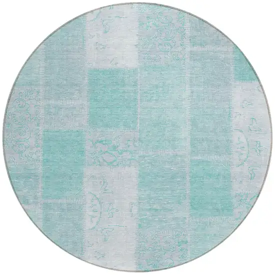 8' Aqua Teal Blue And Silver Round Patchwork Washable Indoor Outdoor Area Rug Photo 5