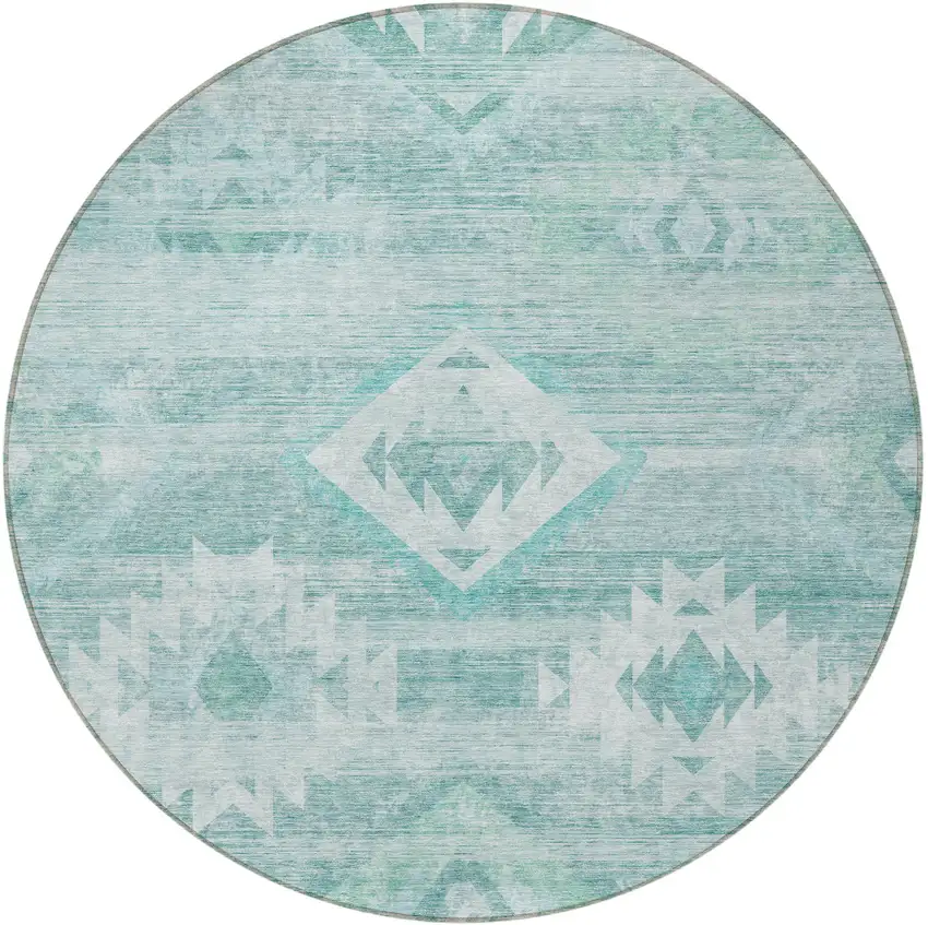 8' Aqua Turquoise And Ivory Round Southwestern Washable Indoor Outdoor Area Rug Photo 4