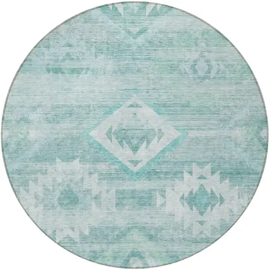 8' Aqua Turquoise And Ivory Round Southwestern Washable Indoor Outdoor Area Rug Photo 4