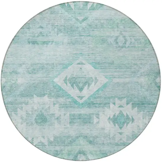 8' Aqua Turquoise And Ivory Round Southwestern Washable Indoor Outdoor Area Rug Photo 4