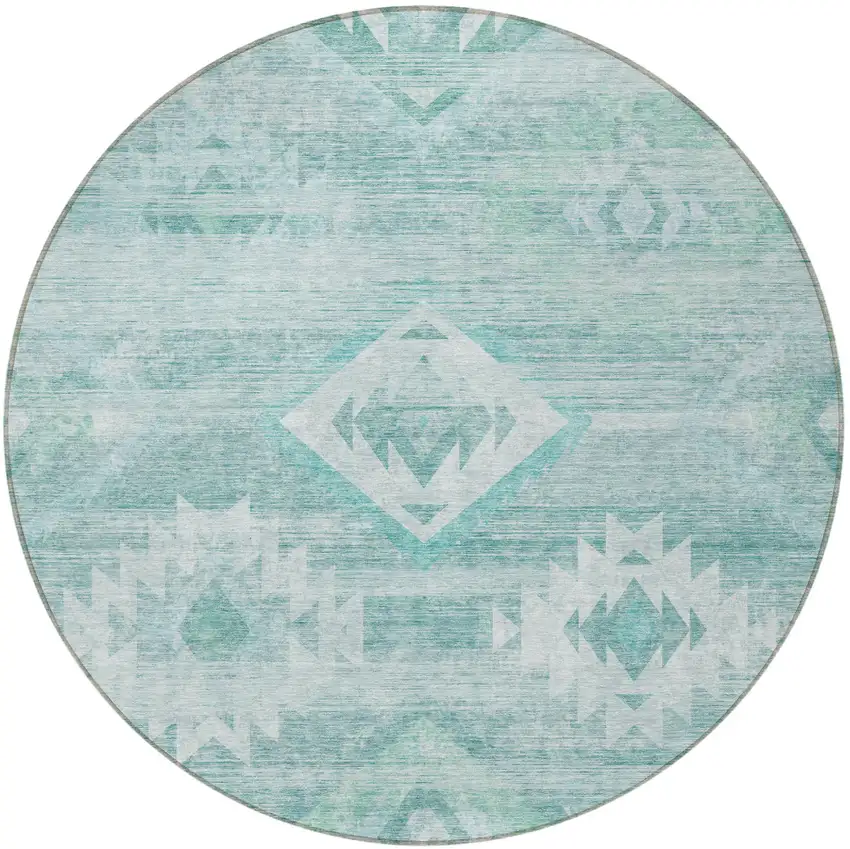 8' Aqua Turquoise And Ivory Round Southwestern Washable Indoor Outdoor Area Rug Photo 4