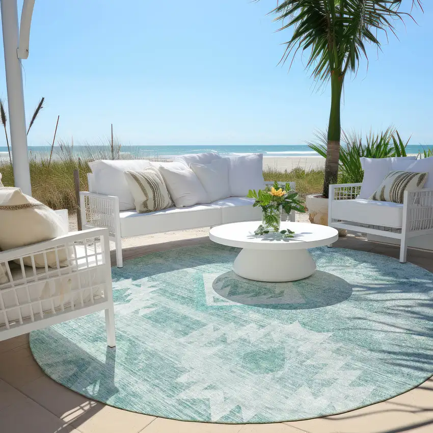 8' Aqua Turquoise And Ivory Round Southwestern Washable Indoor Outdoor Area Rug Photo 5