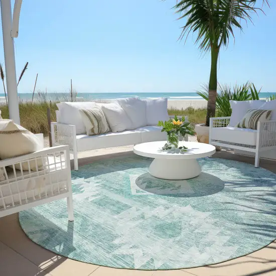 8' Aqua Turquoise And Ivory Round Southwestern Washable Indoor Outdoor Area Rug Photo 5