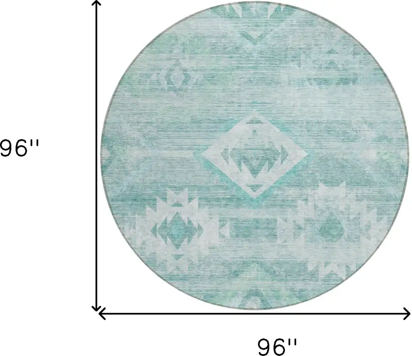 8' Aqua Turquoise And Ivory Round Southwestern Washable Indoor Outdoor Area Rug Photo 3