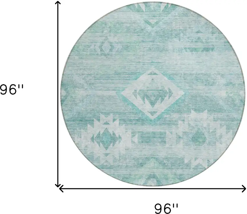 8' Aqua Turquoise And Ivory Round Southwestern Washable Indoor Outdoor Area Rug Photo 3