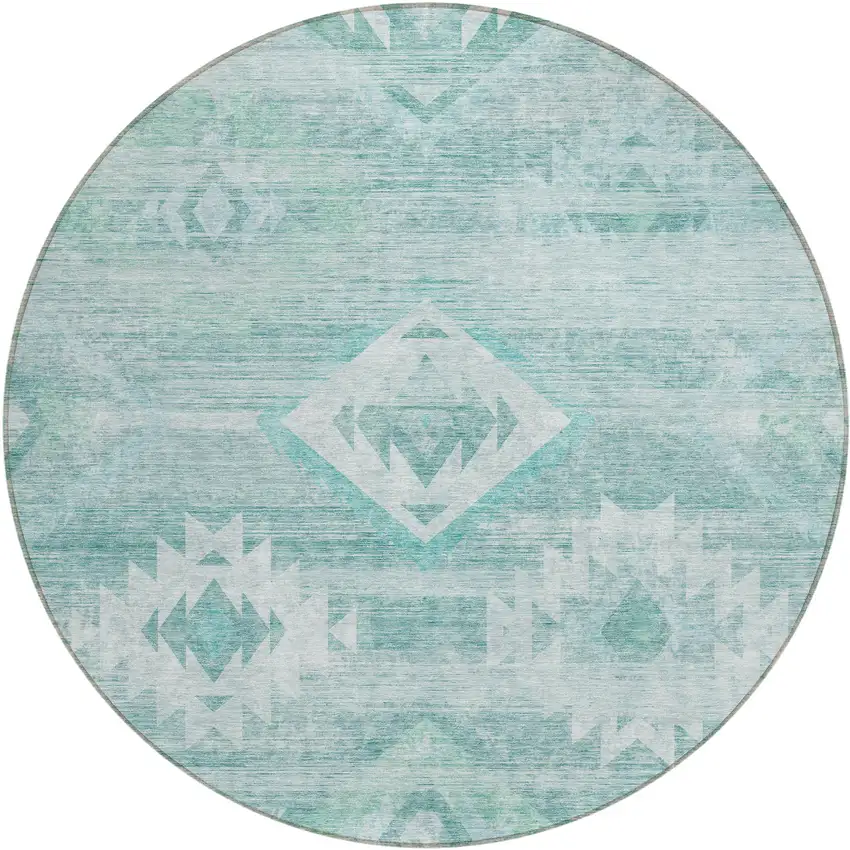 8' Aqua Turquoise And Ivory Round Southwestern Washable Indoor Outdoor Area Rug Photo 2
