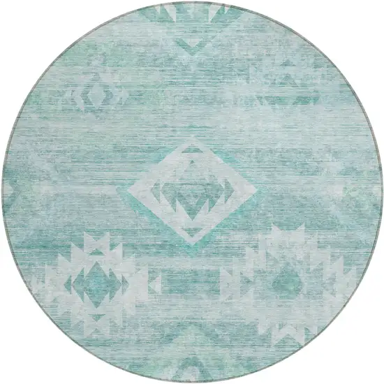 8' Aqua Turquoise And Ivory Round Southwestern Washable Indoor Outdoor Area Rug Photo 2