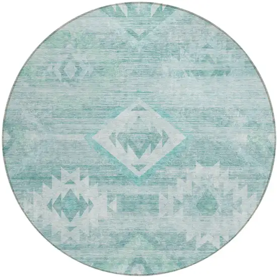 8' Aqua Turquoise And Ivory Round Southwestern Washable Indoor Outdoor Area Rug Photo 2