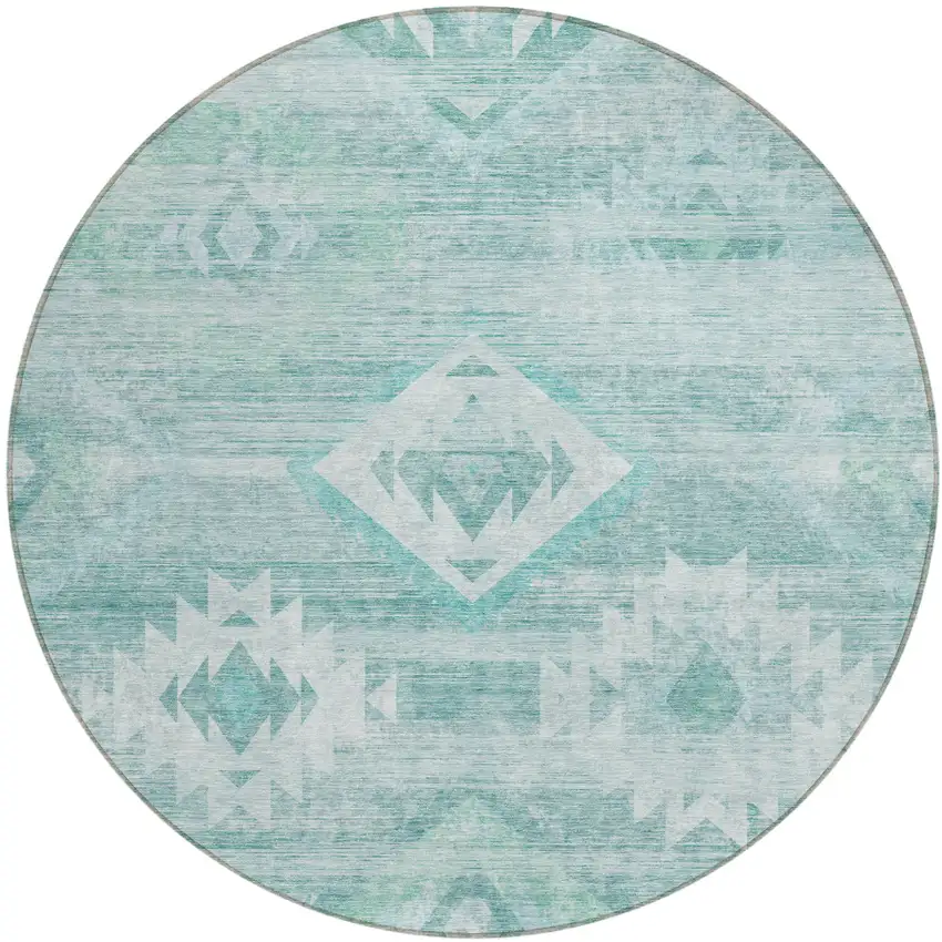 8' Aqua Turquoise And Ivory Round Southwestern Washable Indoor Outdoor Area Rug Photo 2