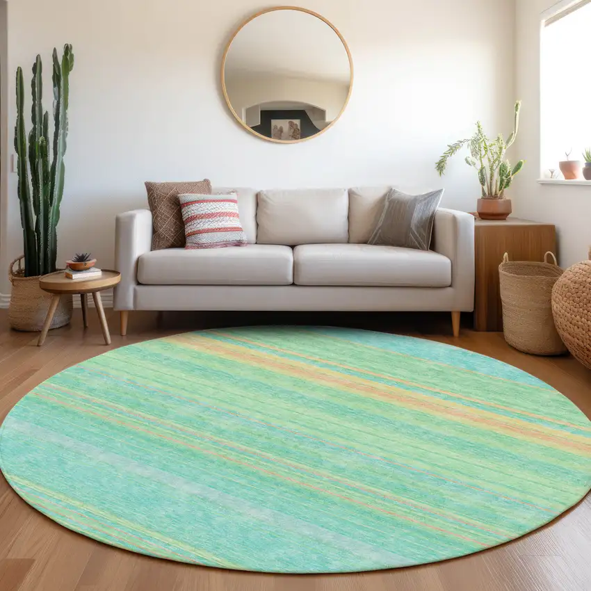8' Aqua Yellow And Peach Striped Washable Round Rug With UV Protection Photo 4