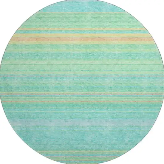 8' Aqua Yellow And Peach Striped Washable Round Rug With UV Protection Photo 3