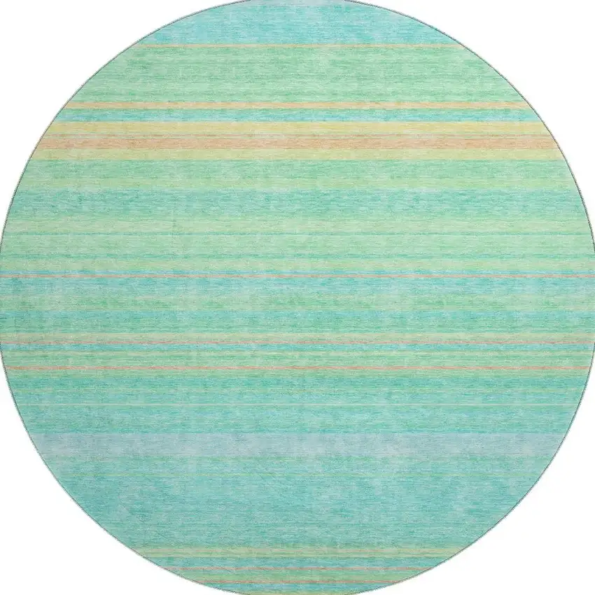 8' Aqua Yellow And Peach Striped Washable Round Rug With UV Protection Photo 3