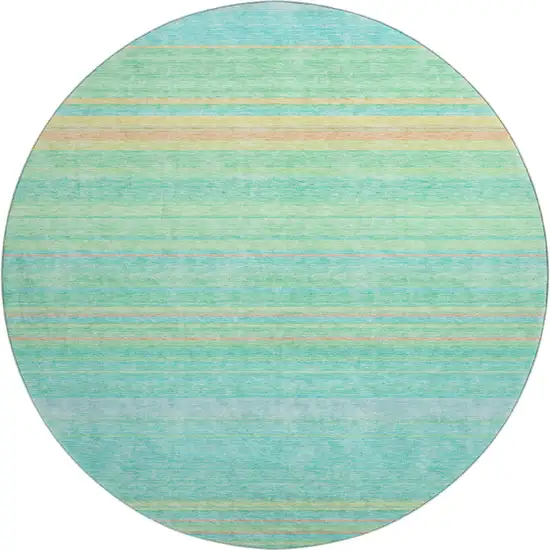 8' Aqua Yellow And Peach Striped Washable Round Rug With UV Protection Photo 1
