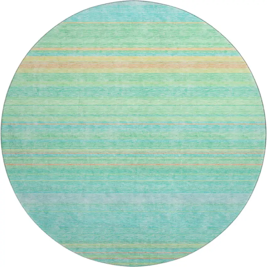 8' Aqua Yellow And Peach Striped Washable Round Rug With UV Protection Photo 1
