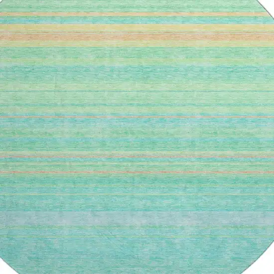 8' Aqua Yellow And Peach Striped Washable Round Rug With UV Protection Photo 2