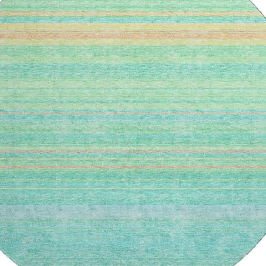 8' Aqua Yellow And Peach Striped Washable Round Rug With UV Protection Photo 2
