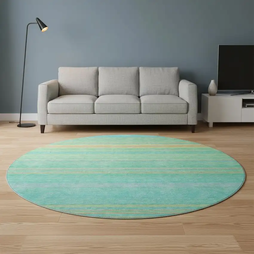 8' Aqua Yellow And Peach Striped Washable Round Rug With UV Protection Photo 2