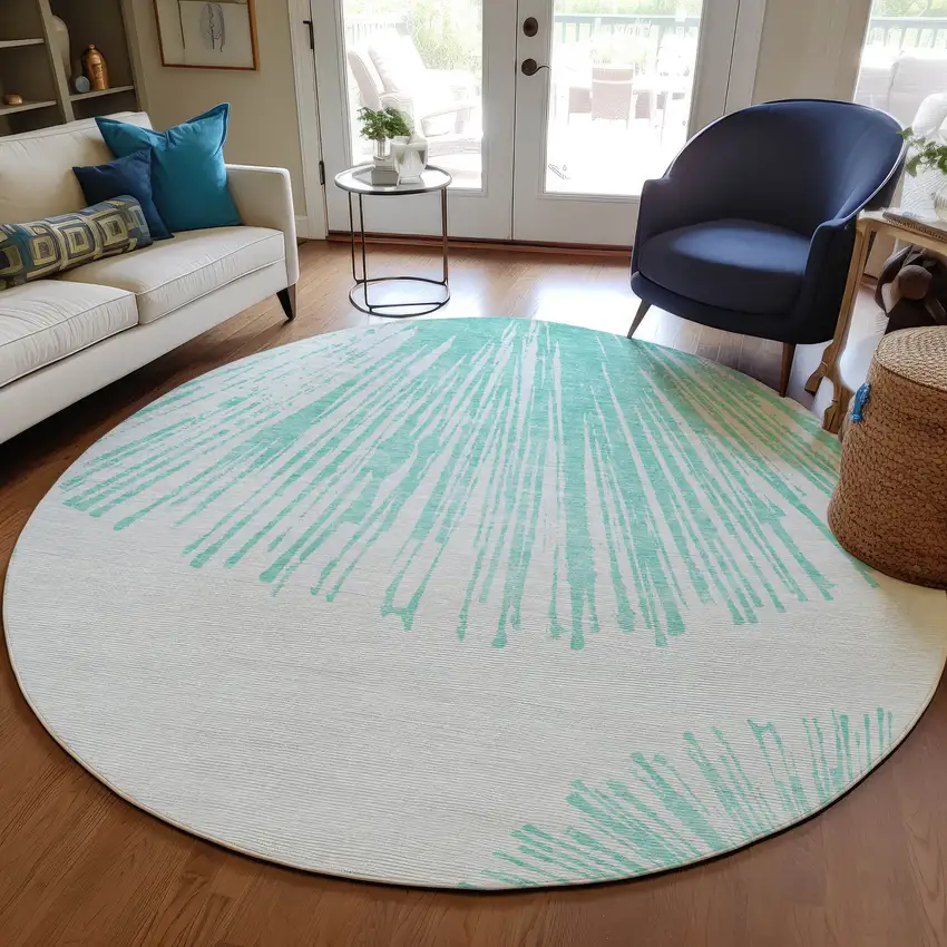 8' Aquamarine And Ivory Round Abstract Washable Indoor Outdoor Area Rug Photo 7
