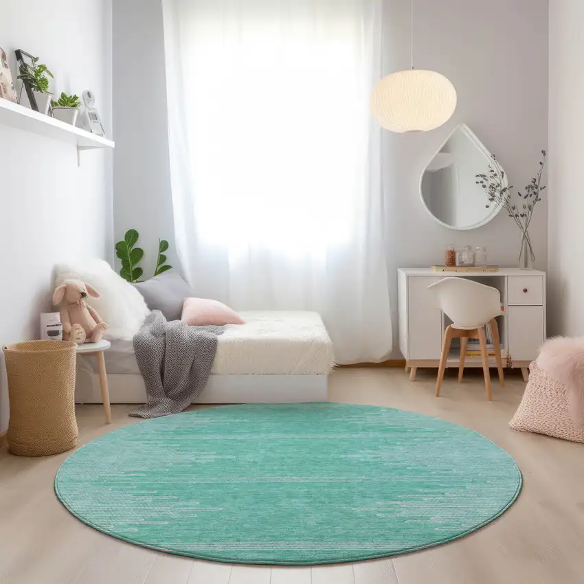 8' Aquamarine And Ivory Round Abstract Washable Indoor Outdoor Area Rug Photo 7