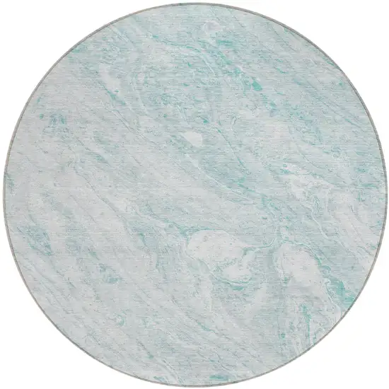 8' Aquamarine Aqua And Ivory Round Abstract Washable Indoor Outdoor Area Rug Photo 1