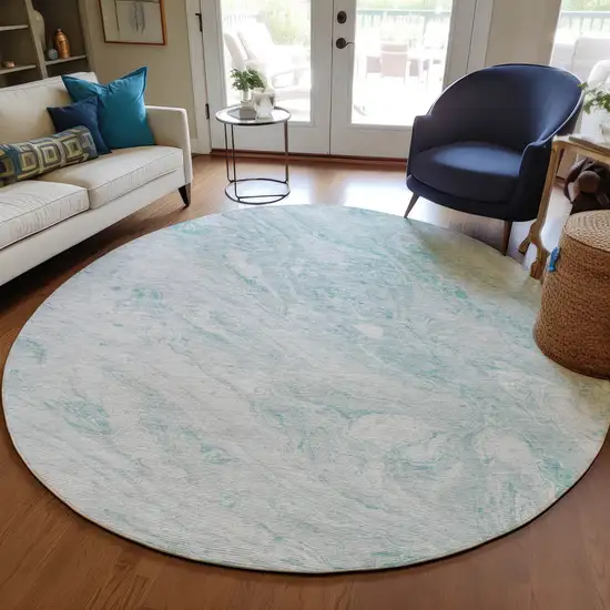 8' Aquamarine Aqua And Ivory Round Abstract Washable Indoor Outdoor Area Rug Photo 6