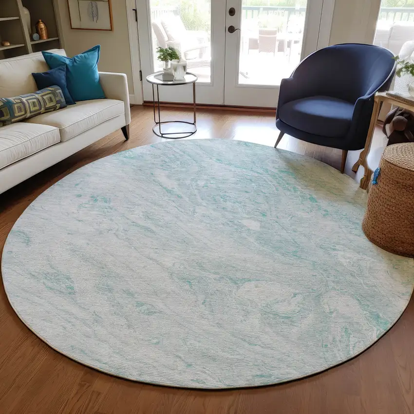 8' Aquamarine Aqua And Ivory Round Abstract Washable Indoor Outdoor Area Rug Photo 6