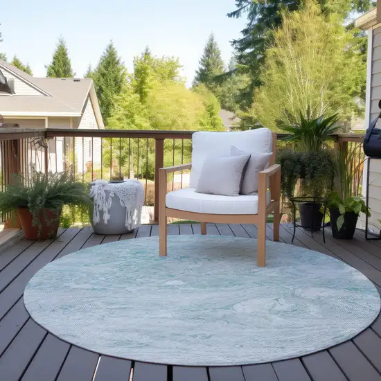 8' Aquamarine Aqua And Ivory Round Abstract Washable Indoor Outdoor Area Rug Photo 5