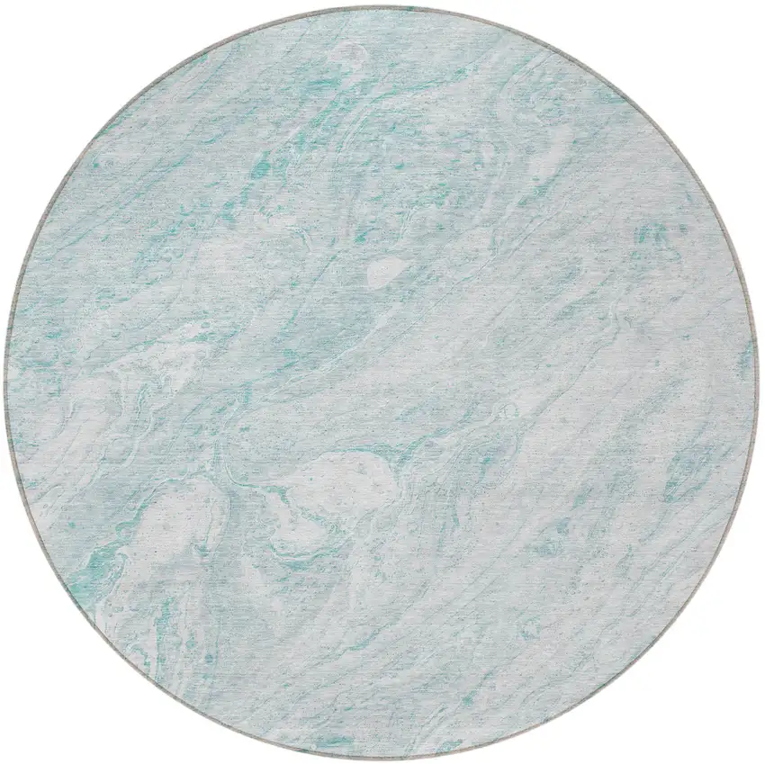 8' Aquamarine Aqua And Ivory Round Abstract Washable Indoor Outdoor Area Rug Photo 4